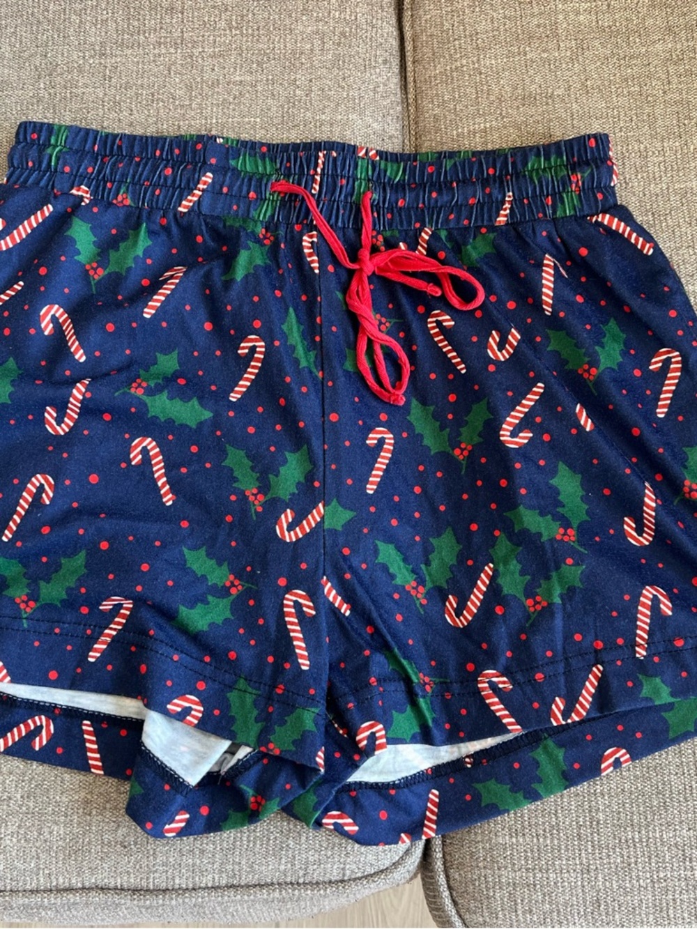 Pink Lily Navy Lounge Shorts with Red Candy Cane Print
